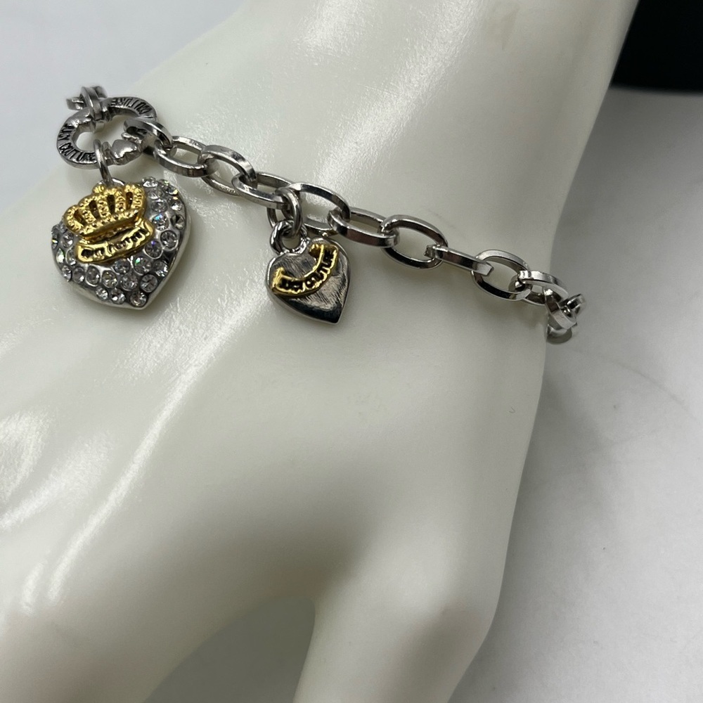 Juicy Couture‎ Chain Bracelet Pave Crystal Silver Gold Tone Puff Heart Charms - Picture 5 of 16